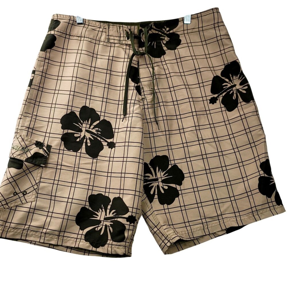 Mens RS Surf Floral Plaid Cargo Shorts Size 34 Green & Tan Polyester